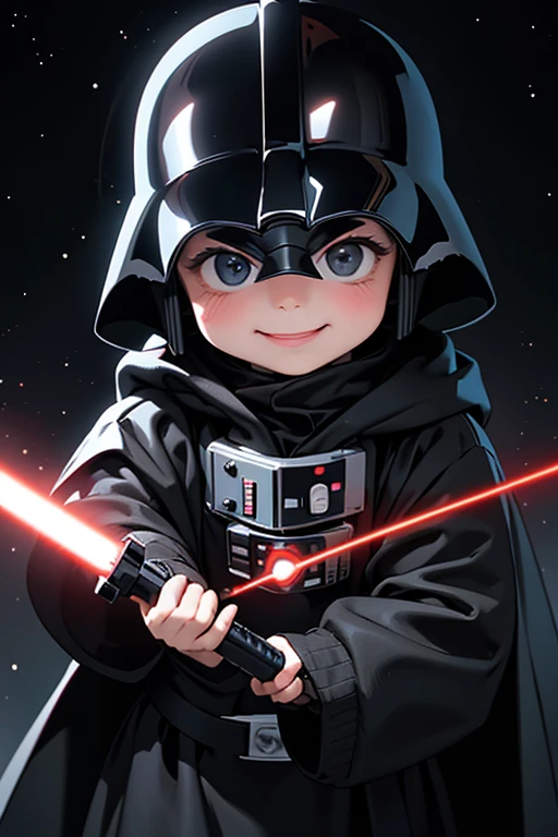 A cute and playful image of a baby dressed as Darth Vader, complete with a miniature lightsaber in hand. The baby's face is obscured by the iconic black helmet, but a joyful smile can be seen through the tiny visor. The background features an intergalactic setting, with stars and a few spaceships flying by, creating a sense of adventure and excitement.