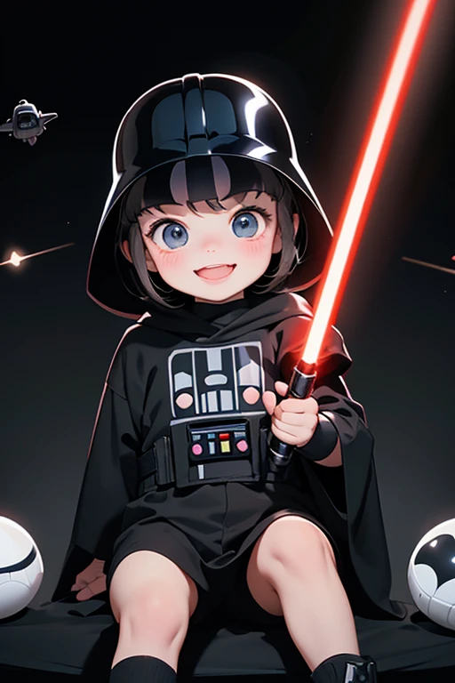 A cute and playful image of a baby dressed as Darth Vader, complete with a miniature lightsaber in hand. The baby's face is obscured by the iconic black helmet, but a joyful smile can be seen through the tiny visor. The background features an intergalactic setting, with stars and a few spaceships flying by, creating a sense of adventure and excitement.