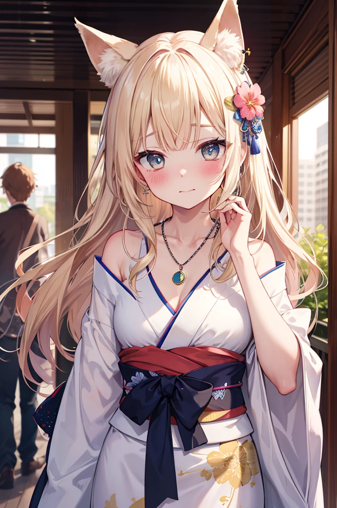 masterpiece, highest quality, High resolution, HS1, Browsing Caution,blush,Embarrassed face,necklace,Twin sisters、kimono、blonde、Fox Ears、beautiful girl