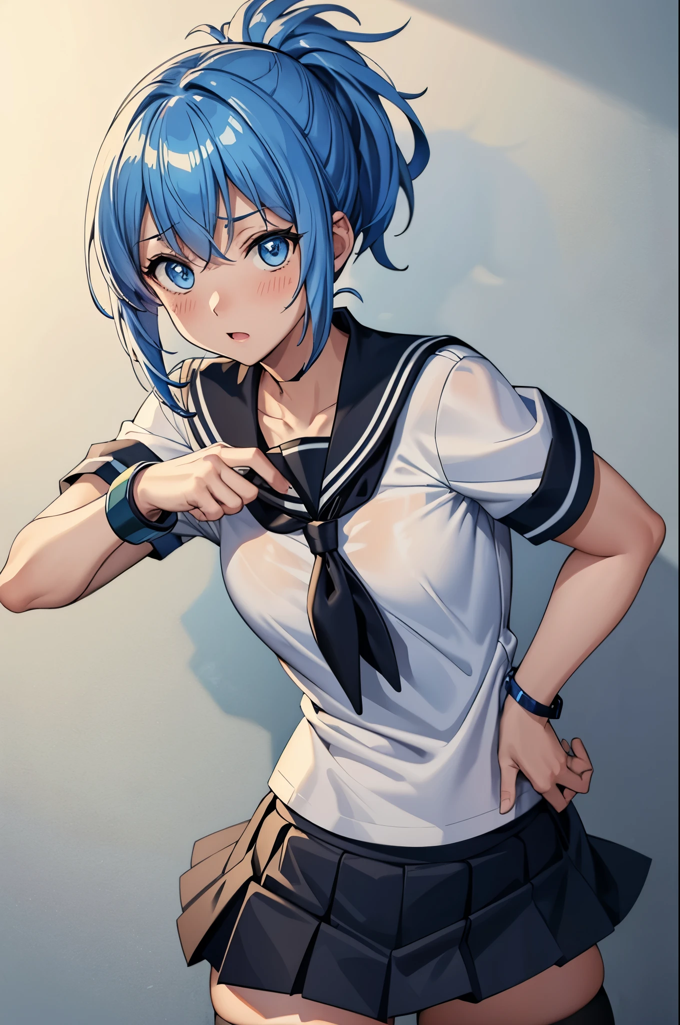 (masterpiece, best quality:1.2), expressive eyes, perfect face, highres, 1girl, solo, senounatsuru ,seitetsu_academy_school_uniform, light blue hair, white shirt, short hair, short sleeves, black handkerchief sailor , ponytail, black skirt, thighhighs, blue bracelet, blushing, embarrassed, standing, cowboy shot, lookig at the viewer