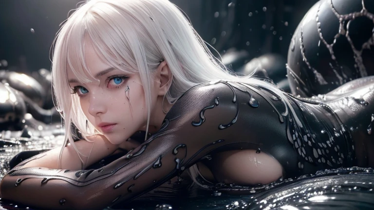(skindentation:1.5), Realistic, Photorealistic, (masterpiece:1.5), concept art, intricate details, highly detailed, photorealistic, octane render, 8k, unreal engine, prone pose, best quality, highres, (realistic face:1.1), (hyperrealistic:1.1), (((full_body))), perfect eyes,(shiny skin:1.2), perfect hand, extremely detailed background, ((black slime)), ((1girl)), ((venom symbiote)), ((detailed eyes, high quality eyes, high quality face)), white hair, green pupil, dramatic, depth of field, bokeh, 4k, junkyard background, blackslime, (((prone))), (((nude))), black tentacles slime, wet body