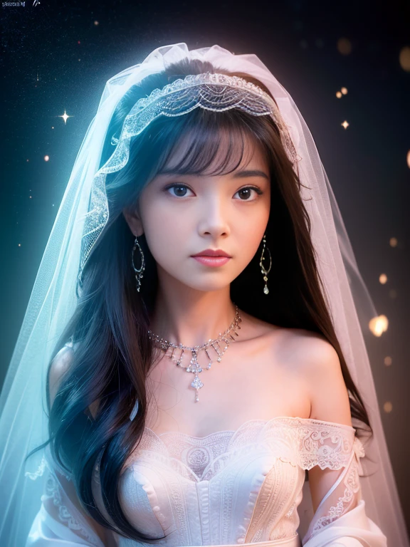 (masterpiece), Best Quality, Highest Quality, Highly detailed CG Unity 8k wallpaper, Original, High resolution, (depth of fields: 1.5), fidelity: 1.3, small breasts, Bride portrait style, 1 girl, drapes, veils , Bridal Veil, wedding dress, drapes, Jewelry, Solo, earrings, tusk, bride, Black_hair