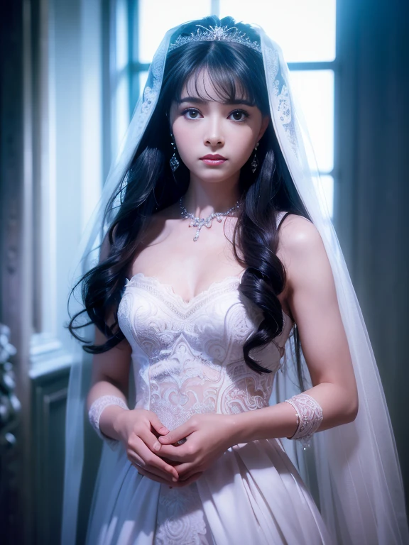 (masterpiece), Best Quality, Highest Quality, Highly detailed CG Unity 8k wallpaper, Original, High resolution, (depth of fields: 1.5), fidelity: 1.3, small breasts, Bride portrait style, 1 girl, drapes, veils , Bridal Veil, wedding dress, drapes, Jewelry, Solo, earrings, tusk, bride, Black_hair