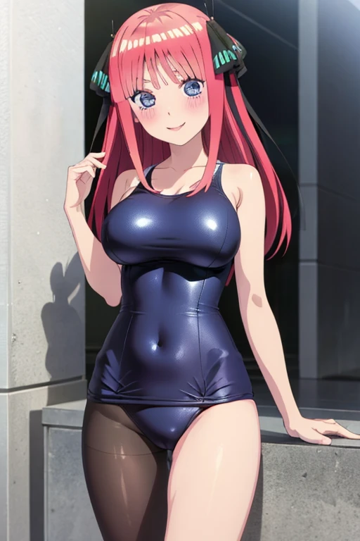 best quality, ultra-detailed masterpiece, anime art style, cute characters, nino nakano, one-piece swimsuit, large , pantyholush, smile