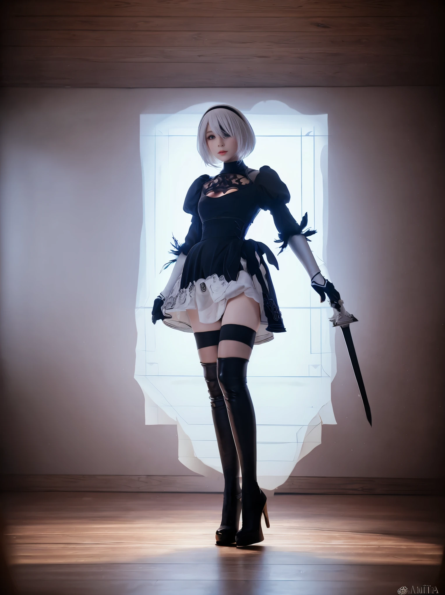 nier:Beautiful cosplay of 2B from Automata、A woman cosplaying as 2B、White skin、tall、21 years old、Englishman、nier:2B&#39;s black costume from Automata、Light background、Fantasyな白い教会を背景に、Standing cool in the middle of a white church、Shooting from a diagonal angle、masterpiece、highest quality、high resolution、Fantasy、Glare、Anime Cosplay Makeup、Real Cosplay Photo、Cool photos、Full body portrait、handsome pose、Wrapped in a pale white glow、like、happiness、Kindness、Smoothly rendered