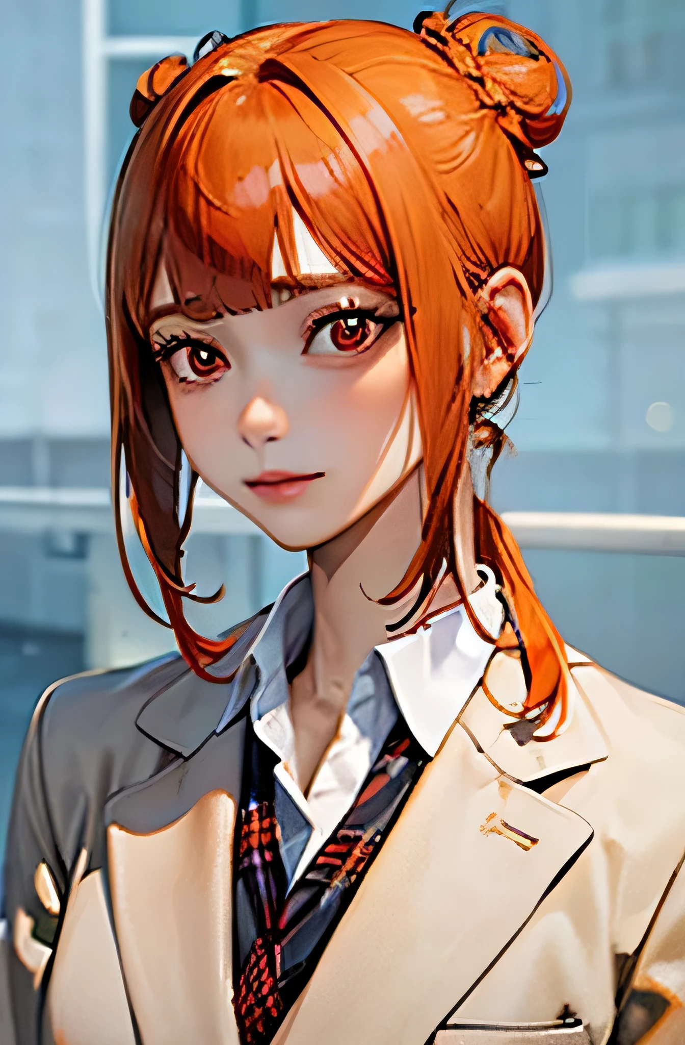 /*General image quality*/ (8k, RAW photo, best quality, masterpiece:1.2), ultra detailed, ultra high res, high-resolution,(realistic, photo realistic:1.4),depth of field, realistic shadow, caustics, natural shading, photon mapping, fine-textured, perfectly focused,
/*Detailed image quality*/ cinematic lighting, soft lighting, HDR, SIGMA 24 mm F/2.8, ISO 400, 1/125 sec shutter,an extremely delicate and beautiful, extremely detailed, 8k wallpaper, Amazing, finely detail, huge file size, extremely detailed CG, unity 8k wallpaper, official art, perfect artwork, production art,
BREAK
/*figure*/
1girl, (20 years old:1.2), cute girl, pretty girl, perfect idol, kawaii,realistic body, , gravure model,realistic skin texture, fair skin, shiny skin, slender body, good figure, gleaming skin,
BREAK
/*system*/
glamorous,tall,large breasts,
BREAK
/*Hairstyle*/
(((((blunt bangs))))),(((((orange hair))))),(((((straight hair))))),(((((hair bun))))),
BREAK
/*eye*/
beautiful eyes,(((((red eyes))))),
BREAK
/*Costume*/
(((school uniform, blazer))),
BREAK
/*Pause*/
arms behind back,
BREAK
/*angle*/
upper body,
REAK
/*place*/
white background,
BREAK
/*Brightness*/
sunlight,