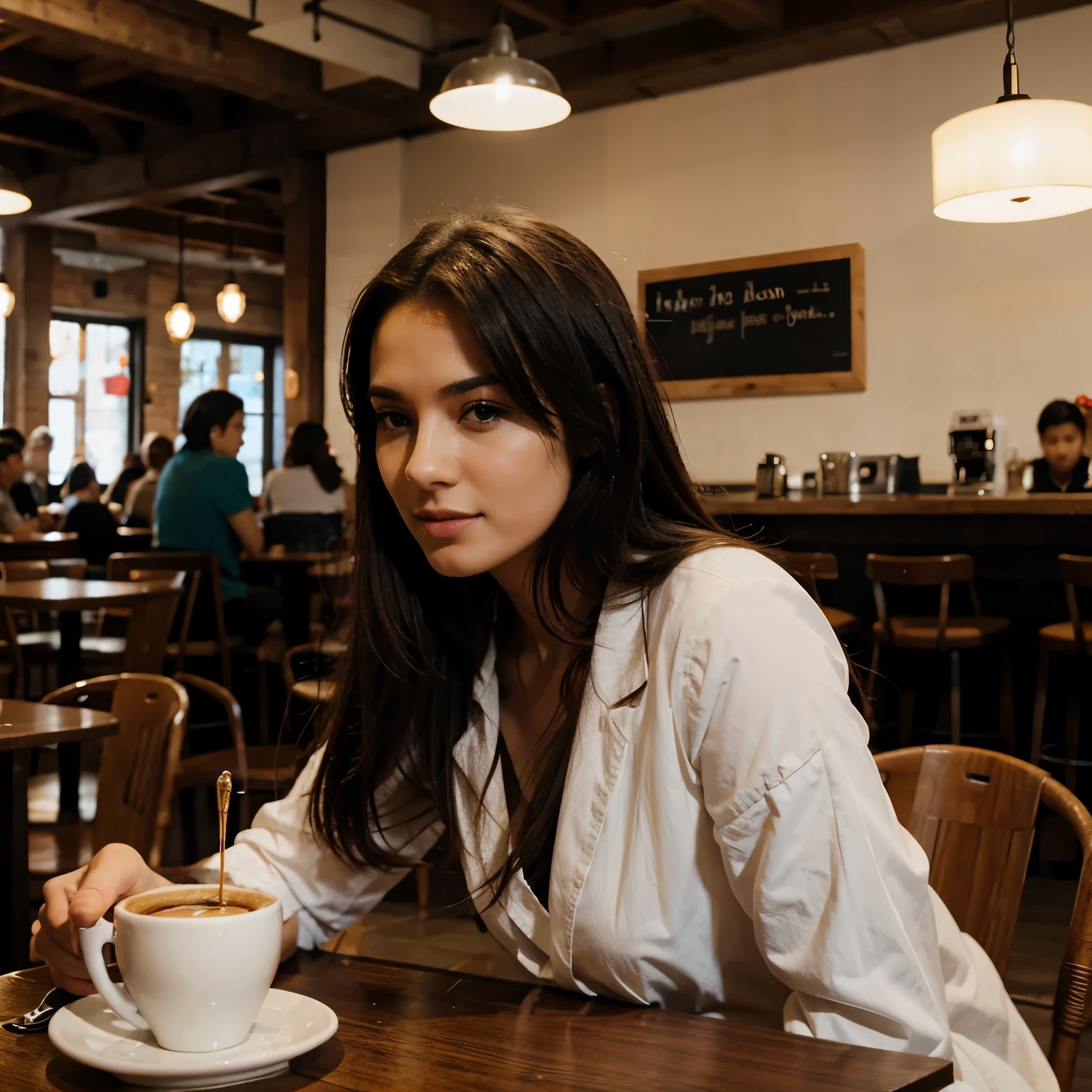 A foreign woman with long hair、Drinking coffee at a cafe