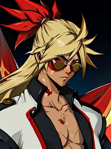 ((blazblue Wold )) ,Human Male, white long hair ,Red Clothing , (( best quality)) ,Red Glasses ,Skin Vitiligo ,