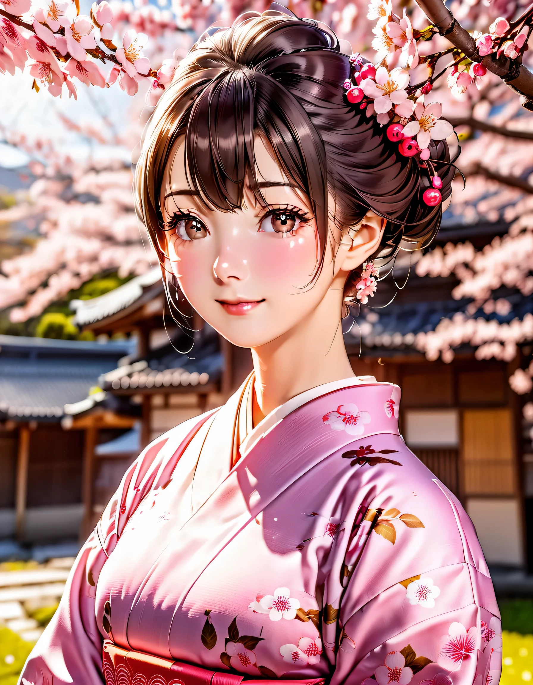 mature woman in yukata, right side looking at the camera wearing very beautiful pink Japanese clothes, hair tied in a Japanese style, half body photo with beautiful cherry tree background
