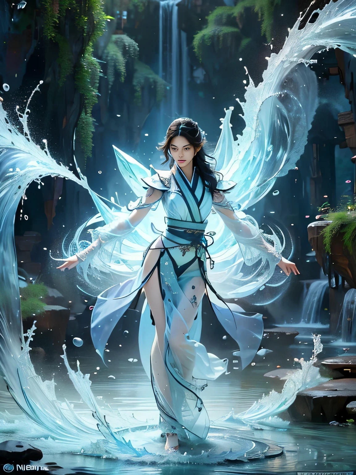 beautiful teen girl, full body, slim body, detailed and accurate depth of fields,8K, A high resolution, masterpiece, beautiful wallpapers, high quality, high detail, the perfect face, crystallineAI, fractal art, splash, yushui, river, fighting pose