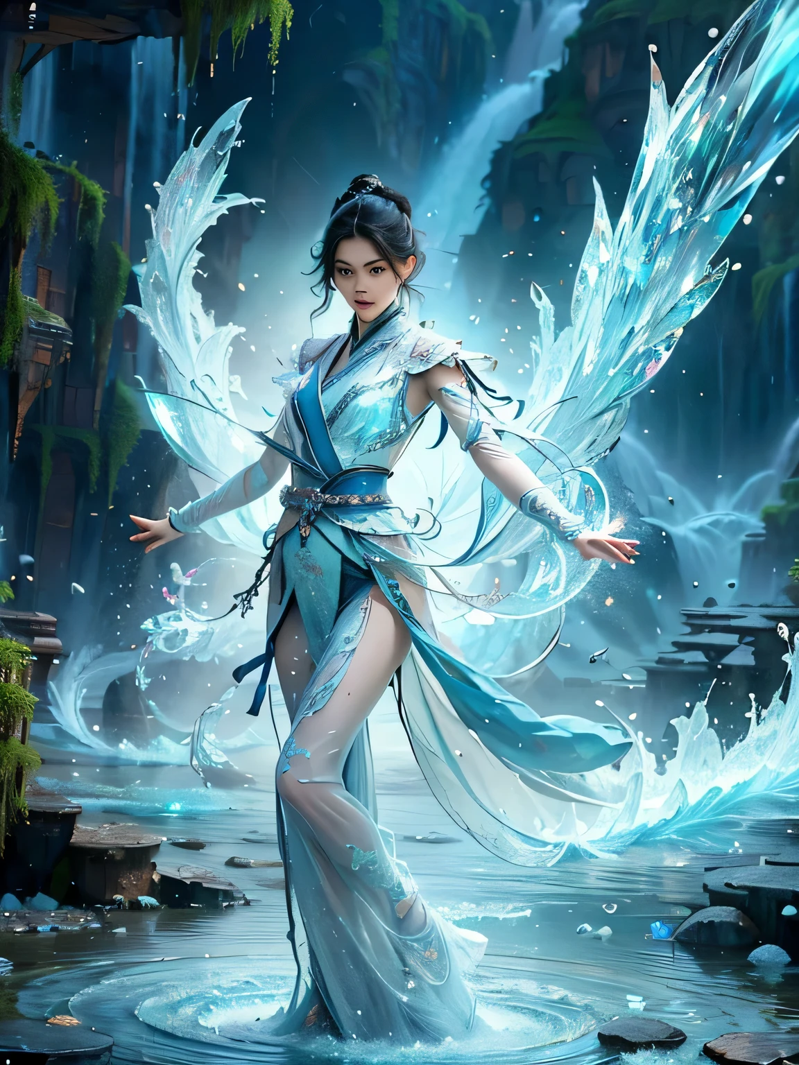 beautiful girl, full body, slim body, detailed and accurate depth of fields,8K, A high resolution, masterpiece, beautiful wallpapers, high quality, high detail, the perfect face, crystallineAI, fractal art, splash, yushui, river, fighting pose