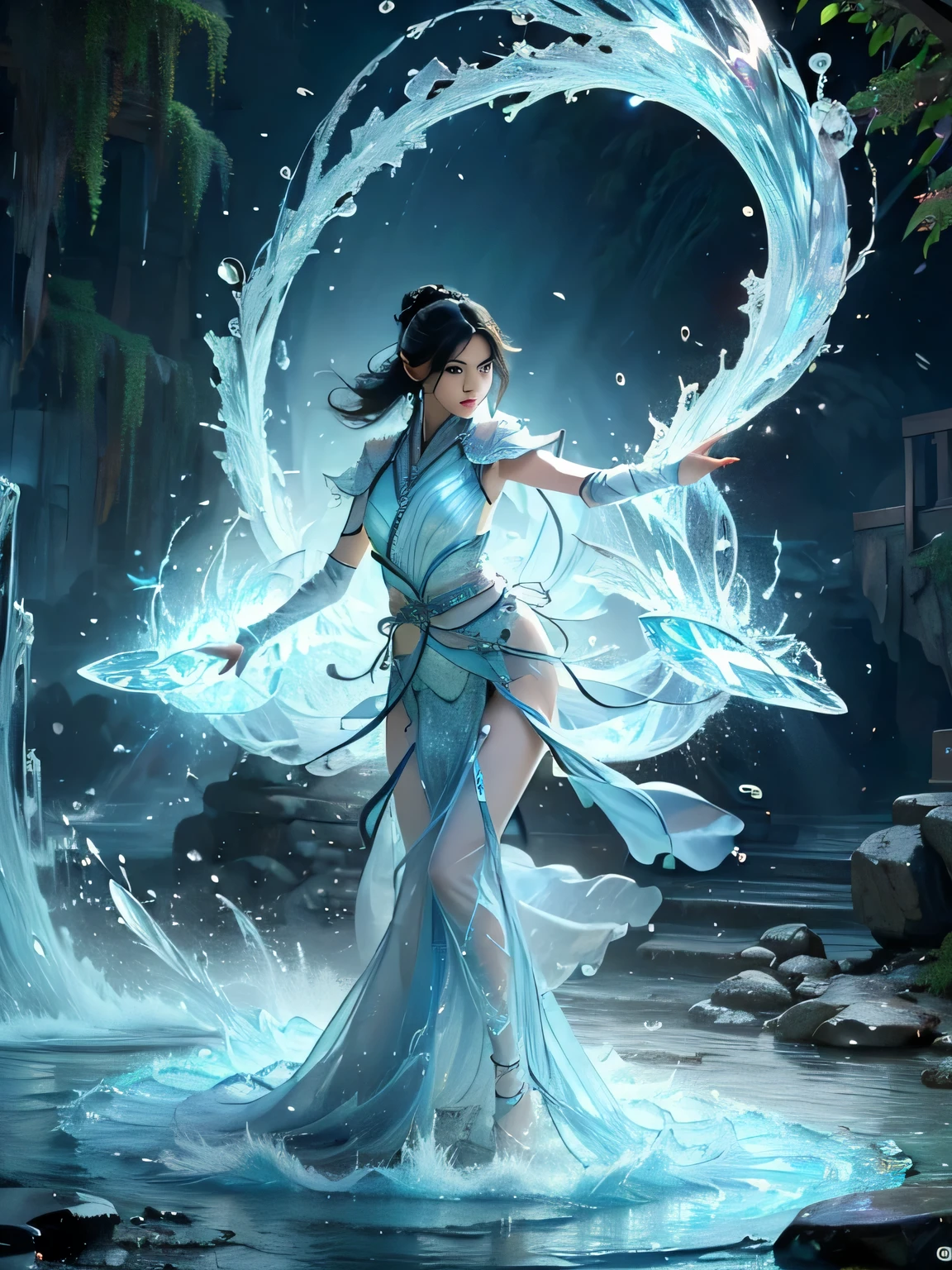 beautiful teen girl, full body, slim body, detailed and accurate depth of fields,8K, A high resolution, masterpiece, beautiful wallpapers, high quality, high detail, the perfect face, crystallineAI, fractal art, splash, yushui, river, fighting pose