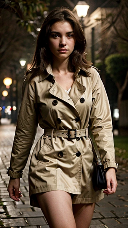 20 years old, Italian girl, same face, cute face, slim body, night time, aqua eyes, brunette hair, cute face, bigger breasts, in a plain beige trench coat, walking through a misty park with lanterns