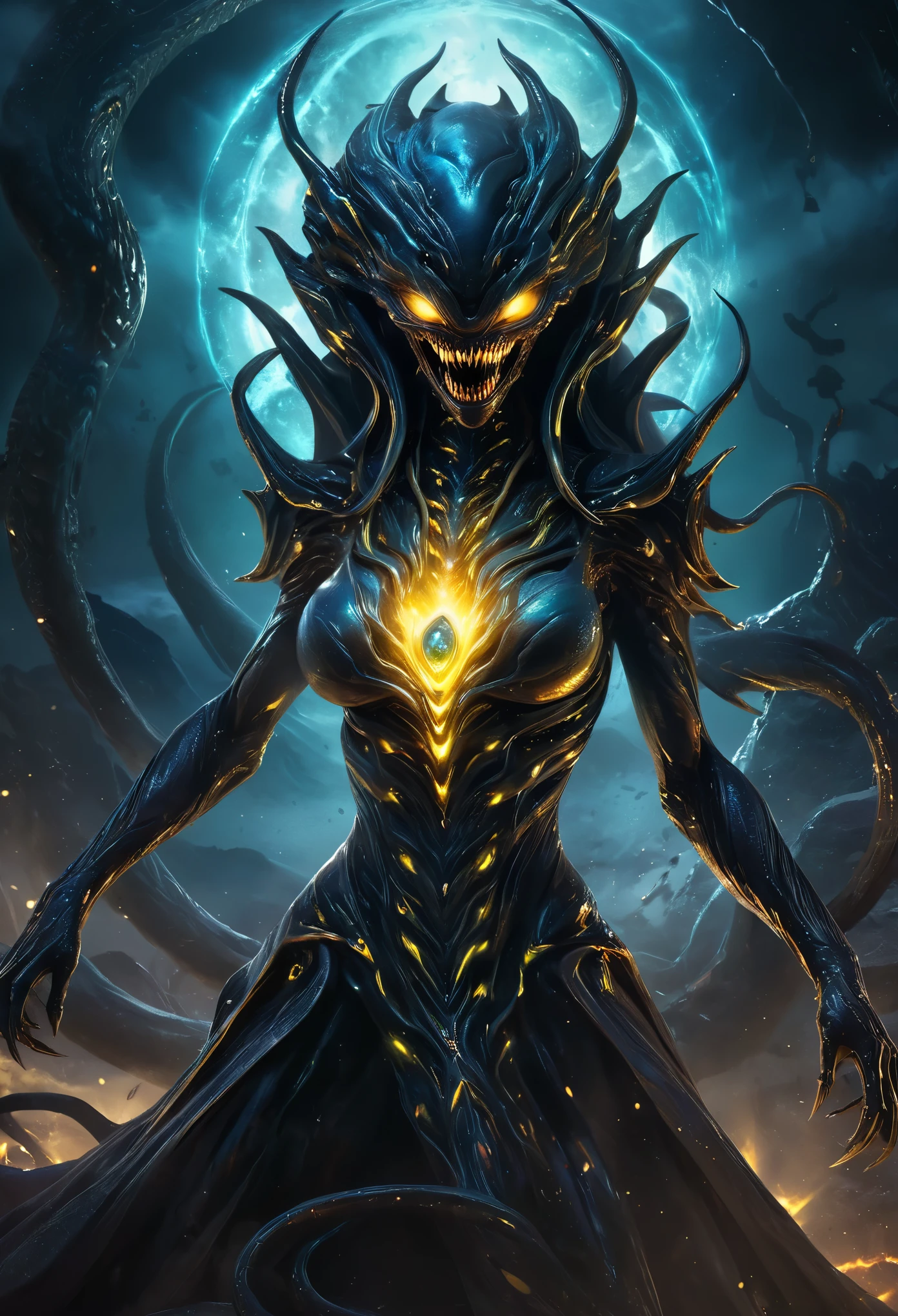 (best quality,highres,ultra-detailed:1.2),terrifying female alien,otherworldly portrait,nightmarish beauty,horrifying gaze,extraterrestrial creature,sharp teeth,glowing eyes,sinister smile,serpentine body,deadly claws,dark atmosphere,alien landscape,ominous lighting,vivid colors,horror,sci-fi,cosmic horror, (NSFW:1.5), a lot of eyes, black aura, gem stones
