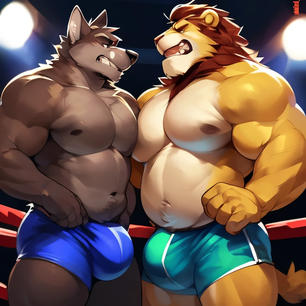 Duel, male, muscular, giant, staredown, enormous, buff, strong, massive biceps, massive pecs, Wolf vs Lion, wearing boxers, massive bulges, detailed bulges, bulge touch, dad bods, growling at each other by darkgem, by mystikfox61, by glitter trap boy, boxing ring, angry expressions