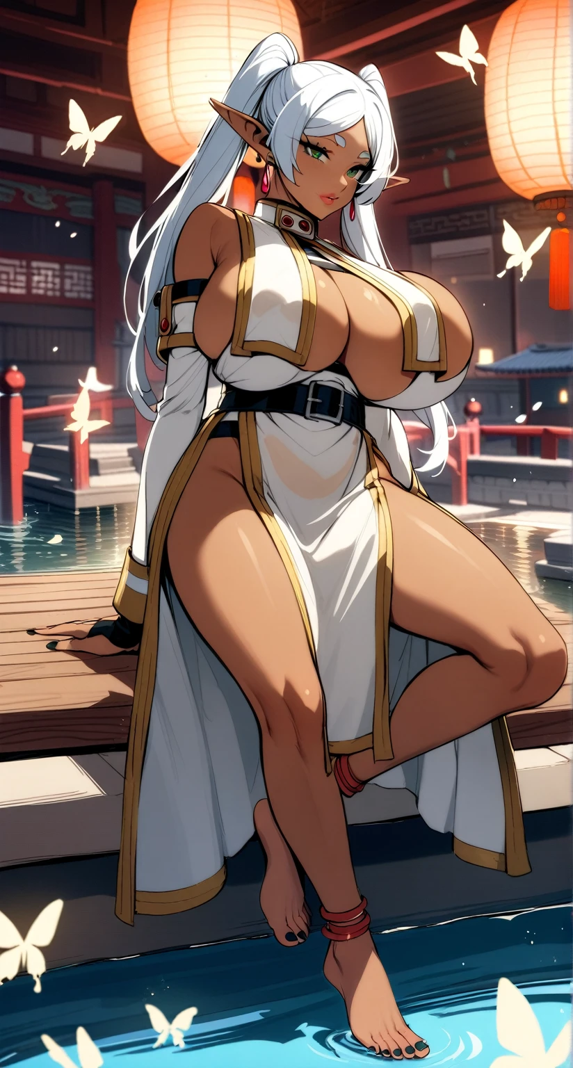 1girl,(frieren),dark-skinned female,solo,dark skin,mature female,dark elf,solo,green_eyes,white hair,long hair,twintails,thick lips,parted bangs,pointy ears,jewelry,seductive smile,barefoot,see-through dress,butterfly,butterfly hair ornament,backless dress,chinese clothes,sleeveless,double bun,golden dragon (breast curtain:1.6),foot,elbow gloves,hair bun,hair ornament,jewelry,earrings,anklet,toe rings,slim legs,standing,spread legs,nail polish,cameltoe,gigantic breasts,cleavage,solo,toenail polish,toenails,toes,outdoor,Chinese style architecture,Chinese style,lake,ancient town,beautiful and meticulous water,the red lantern,fireworks,