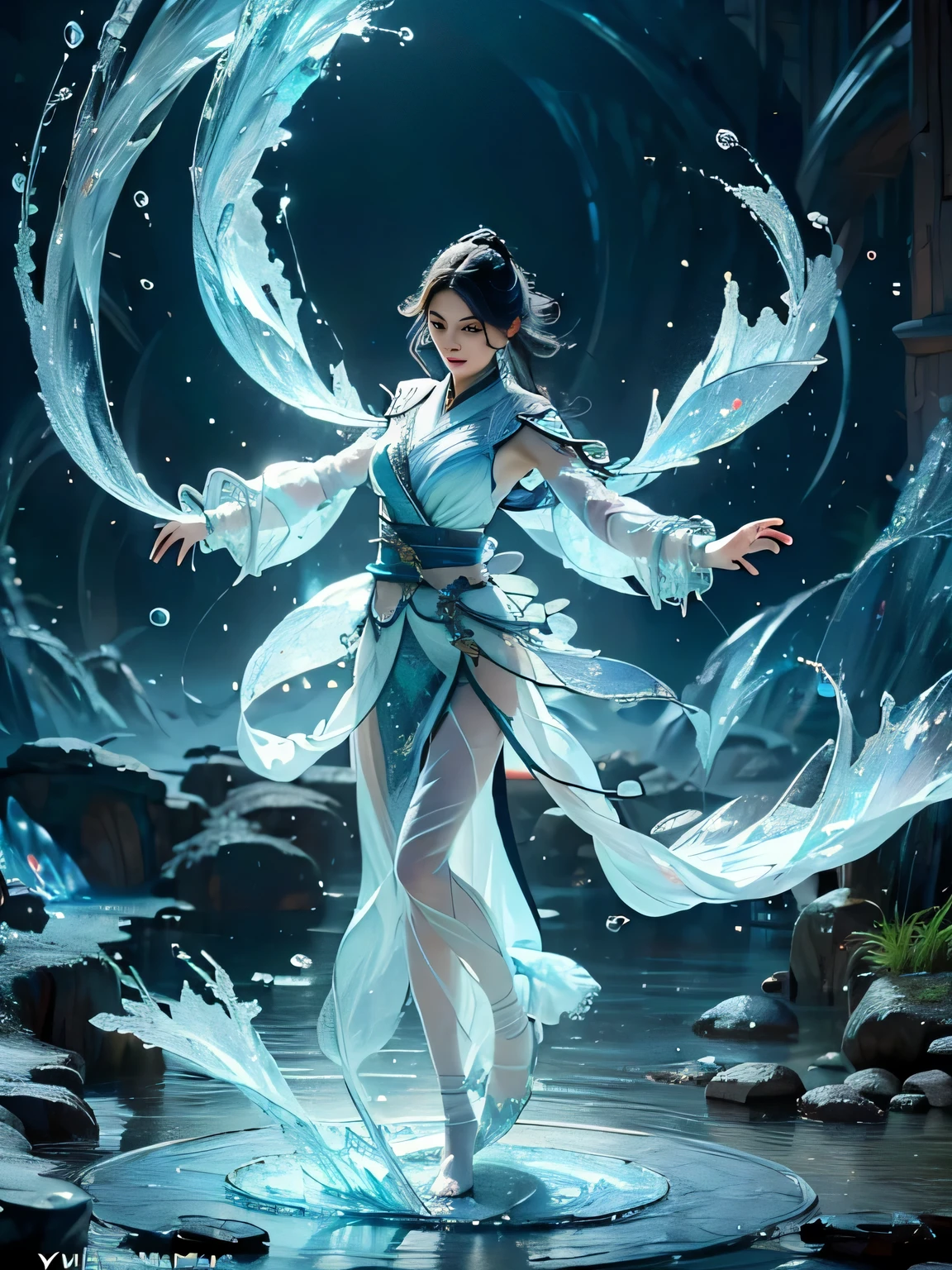 beautiful teen girl, full body, slim body, detailed and accurate depth of fields,8K, A high resolution, masterpiece, beautiful wallpapers, high quality, high detail, the perfect face, crystallineAI, fractal art, splash, yushui, river, fighting pose
