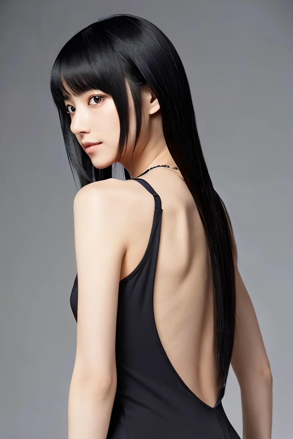 Black hair with blunt bangs、Long straight hair down to the middle of the back、A small, slender but muscular cat looking back