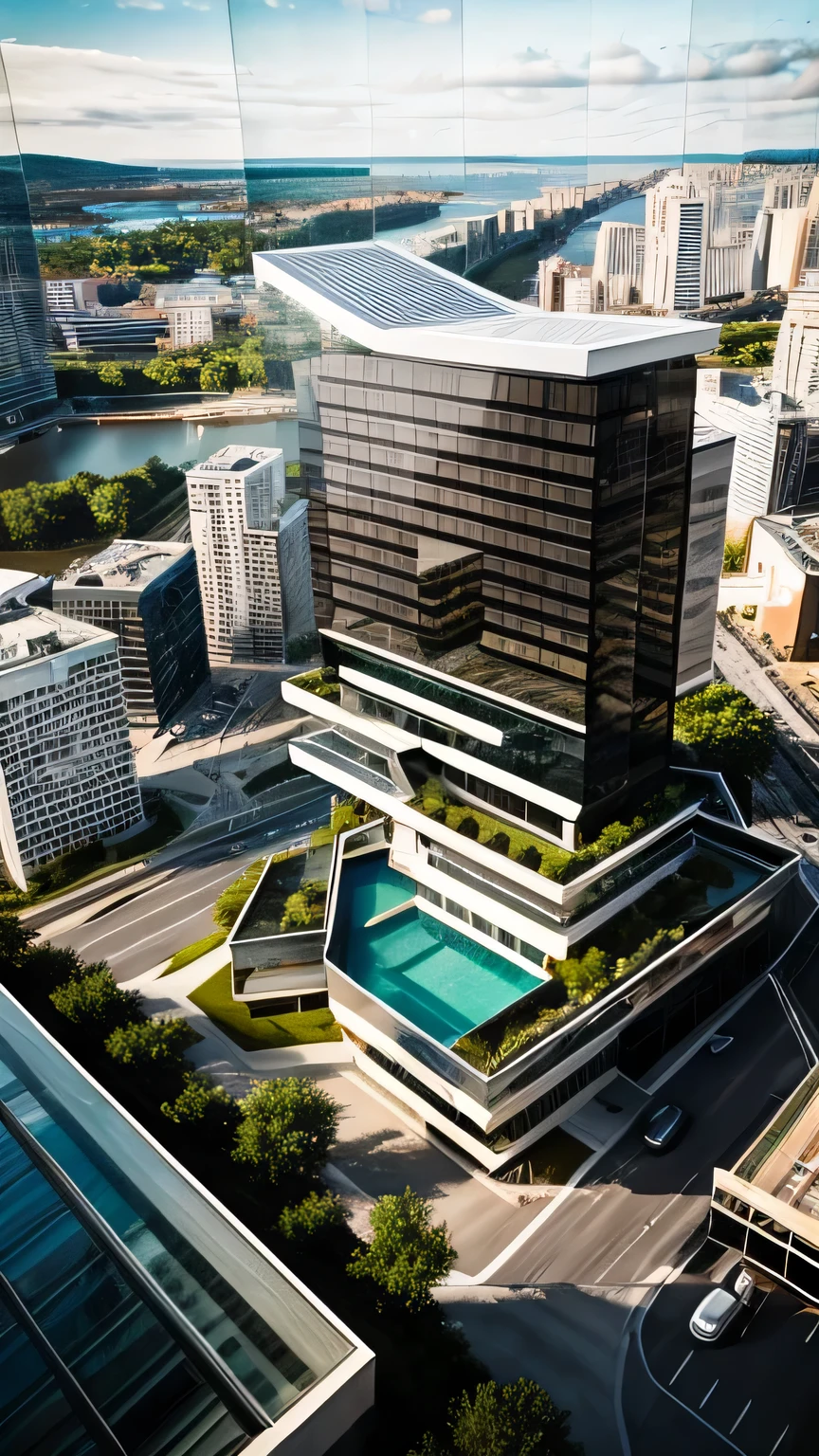 exterior of highrise hotel building 15 floor, contemporary style, inspired of Norman Forster, glass with steel frame facade, 5 stars hotel design, beautiful landscape, stone pavement,cars, RAW photo, 8k uhd, dslr, soft lighting, high quality, film grain, Fujifilm XT3,masterpiece,