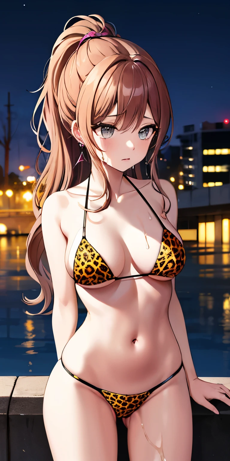 masterpiece, highest quality, High resolution, Arisa, Long Hair, ponytail, Grey Eyes, Earrings, leopard print metallic micro bikini, Wet, city, night, sad, Outdoor、Look this way
