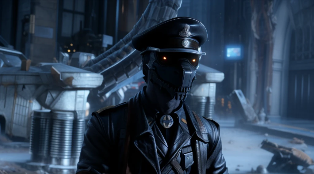 arafed man in a black uniform and a black hat, 2003 cinematography, still from a live action movie, still from a ridley scott movie, scene from live action movie, zack snyder cinematography style, t-1000, 8 k movie still, cinematic movie shot, wolfenstein, steven spielberg movie shot, dark sci - fi movie scene