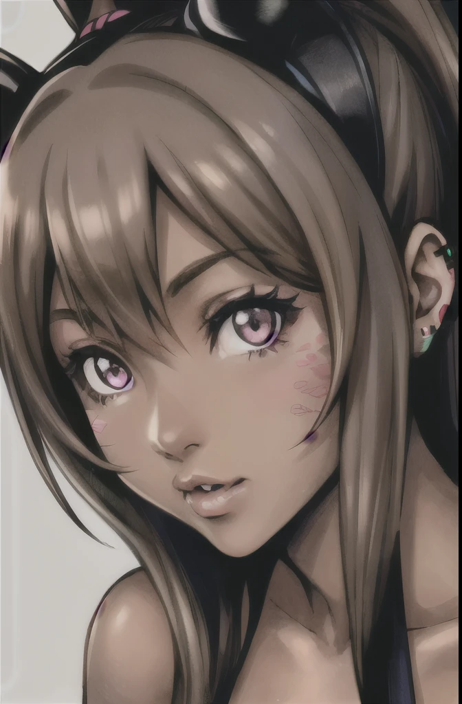 nomura tetsuya , 1 chica, Ariana Grande, brown long hair, dark skin, pink eyes,