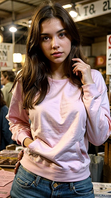 20 years old, Italian girl, same face, cute face, slim body, night time, aqua eyes, brunette hair, cute face, bigger breasts, dressed in a casual pink sweatshirt, browsing through a night flea market