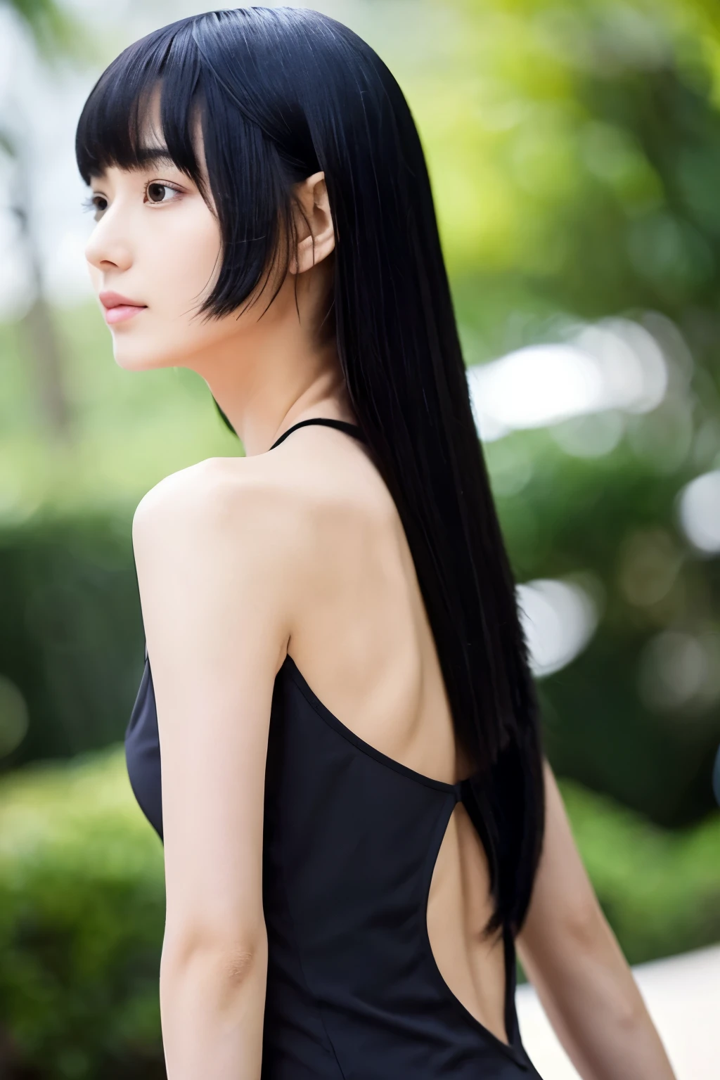 Black hair with blunt bangs、Long straight hair down to the middle of the back、A small, slender but muscular cat looking back