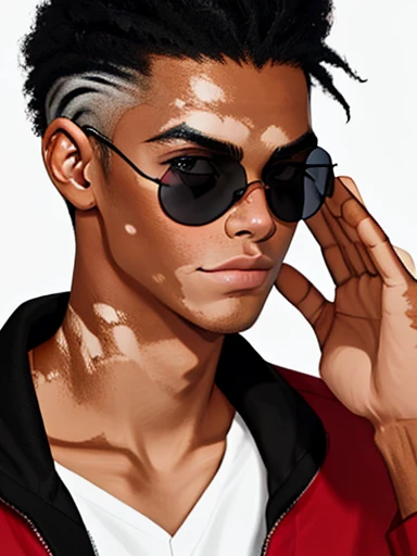 Human Male, hair Style ,Red Clothing , (( best quality)) ,sun Glasses ,((Skin Black white Vitiligo )),