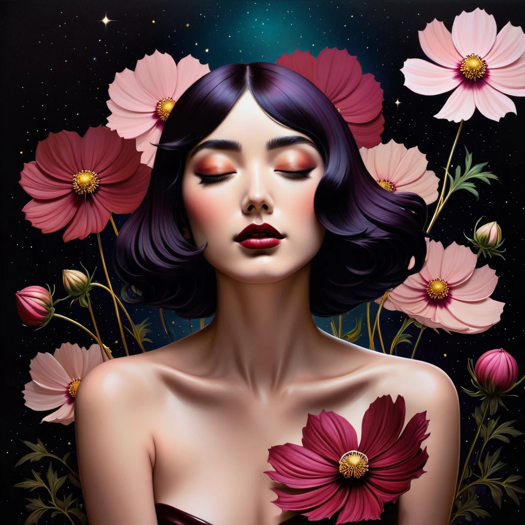 chiaroscuro technique on sensual illustration of an elegant , retro and vintage ,Chocolate Cosmos (Cosmos atrosanguineus) around body, matte painting, by Hannah Dale, by Harumi Hironaka, extremely soft colors, vibrant, pastel, highly detailed, digital artwork, high contrast, dramatic, refined, tonal, golden ratio,