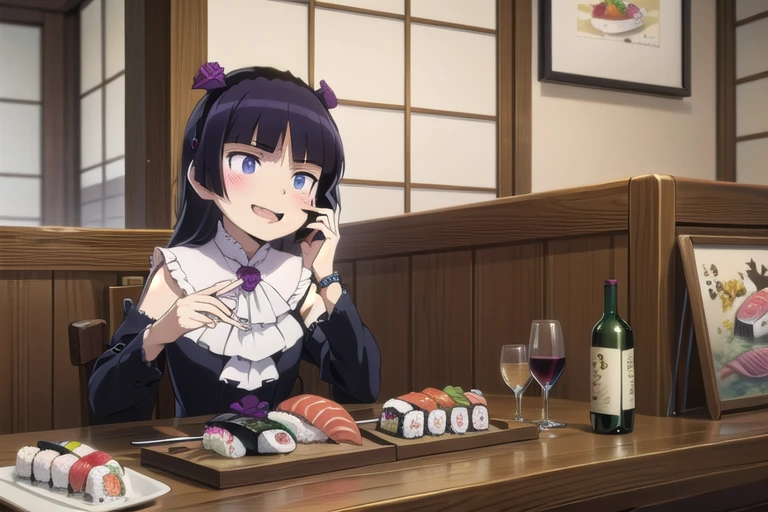 (ruri gokou), masterpiece, highest quality, One Girl, alone, Hime cut, Gothic Lolita, Lolita Fashion, head band,restaurant,Open your mouth,tongue,food,makizushi,seafood, Luxury Watches, bracelet, Grin,eat,Laughter,The pupils constrict,Wicked Smile,shout,(((indoor,sushi, food, smartphone, wine, Talk on the phone,Have a phone))),