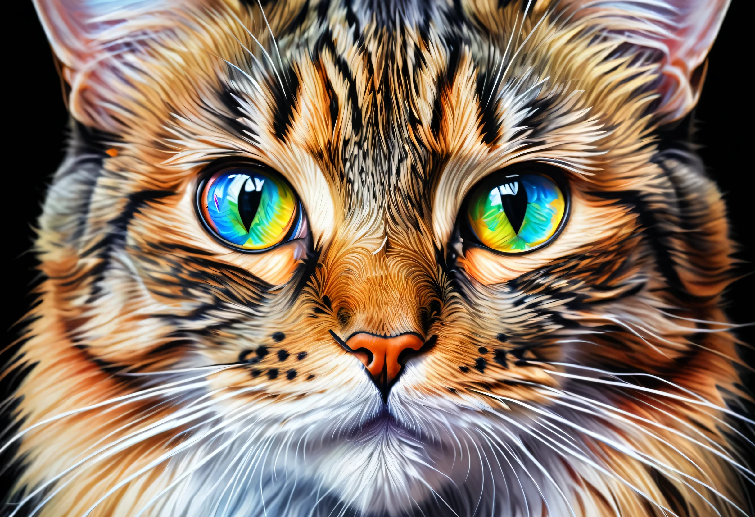 painting of a Cat with a colorful face and eyes, Airbrushing painting by Zahari Sograph, Shutterstock, fur art, Cat. Digital Painting, 4k Highly detailed digital art, Digital Painting highly detailed, Beautiful art UHD 4K, highly detailed Digital Painting, Highly detailed digital art, Beautiful digital art, 4K Detailed Digital Art, Detailed painting 4k