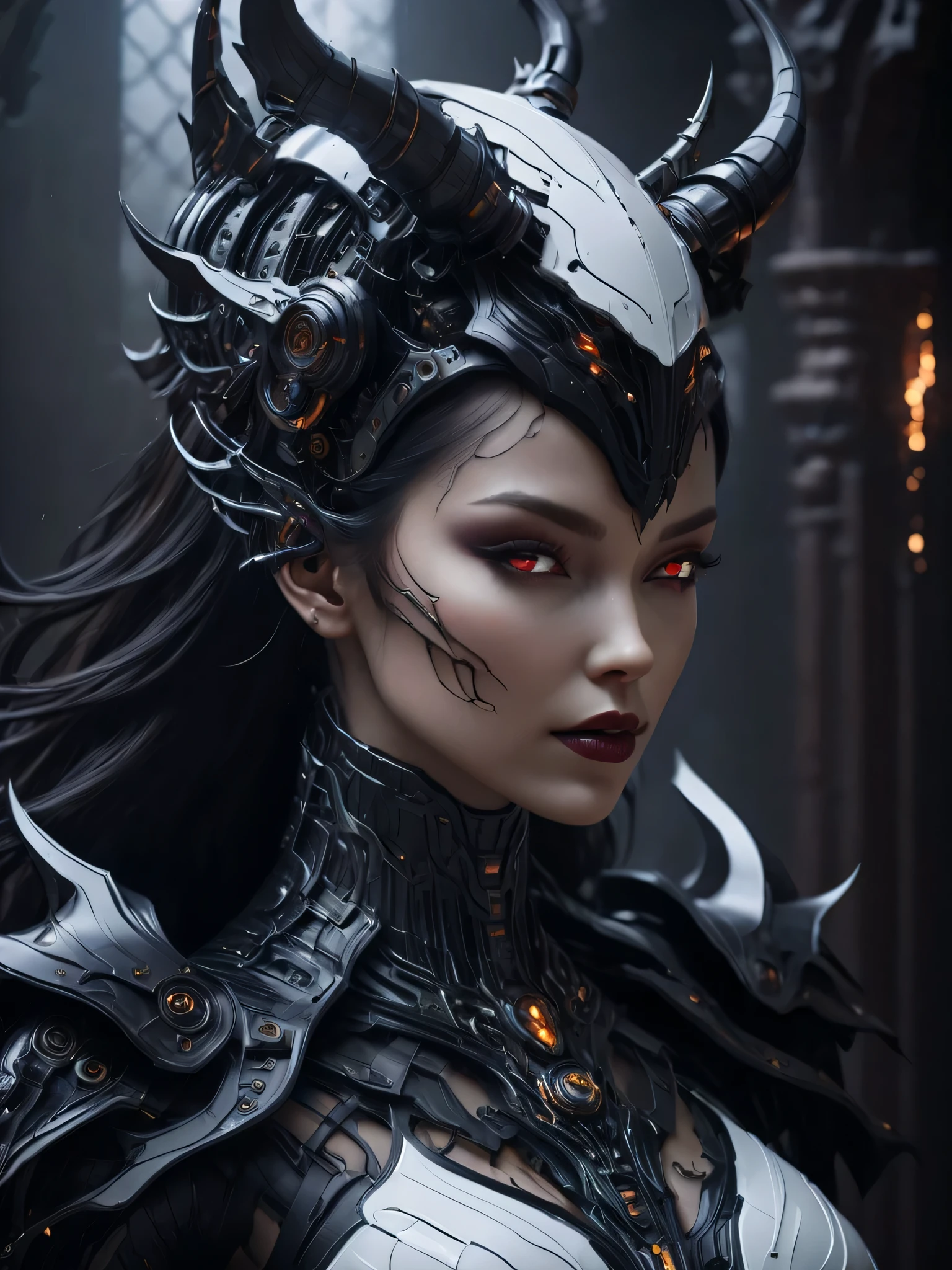 (((Superior Quality: 1.4))), (Illustration by Vadim Kashin), complex details, (unprecedented masterpiece), (ultra high definition), (CG 8k ultra-realistic), succubus cyborg, beautiful female cyborg character, highly detailed mechanical body, horror, highly detailed curved body, highly detailed gothic clothing, in the devil's palace, 8 life-size, a strange white light creates a gradient of shadows and adds depth to the images, (magical and mysterious background, glowing particles, ethereal fog, low darkness), realistic and superb cover photo in color, cinematic, (hyper detail: 1.2), perfect anatomy, cyborg style, (half-body image: 1.5), and now, for an even more immersive atmosphere, we're adding raindrops to complete this captivating visual experience.