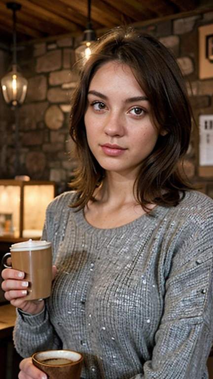 20 years old, Italian girl, same face, cute face, slim body, night time, aqua eyes, brunette hair, cute face, bigger breasts, wearing a plain, soft gray sweater, sipping a cup of coffee at a small, dimly lit coffee shop, with rustic wooden decor and ambient background music
