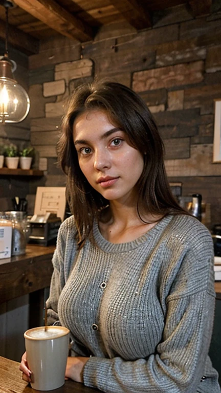 20 years old, Italian girl, same face, cute face, slim body, night time, aqua eyes, brunette hair, cute face, bigger breasts, wearing a plain, soft gray sweater, sipping a cup of coffee at a small, dimly lit coffee shop, with rustic wooden decor and ambient background music