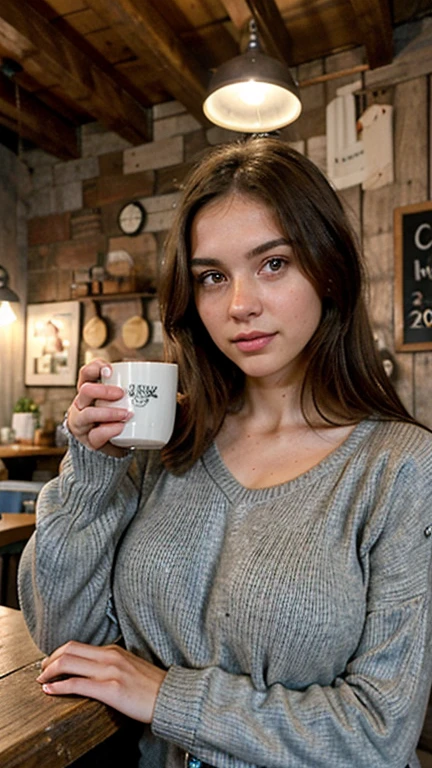 20 years old, Italian girl, same face, cute face, slim body, night time, aqua eyes, brunette hair, cute face, bigger breasts, wearing a plain, soft gray sweater, sipping a cup of coffee at a small, dimly lit coffee shop, with rustic wooden decor and ambient background music