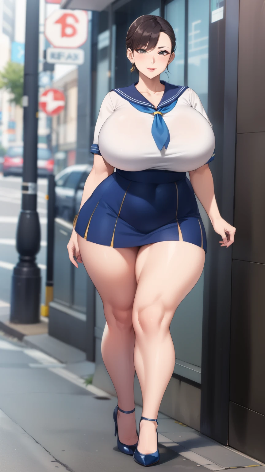 Big Breasts, Big Hips, Full Body Shot, Mature mother, Voluptuous thighs, Full calf, Seductive mature woman, Perfect body, Plus Size Model, Sailor suit, Wearing high heels,Miniskirt uniform, 