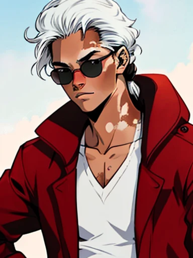 Human Male, hair Style  ,Red Coat  , (( best quality)) ,sun Glasses ,((Skin Black white Vitiligo )), manga Style ,