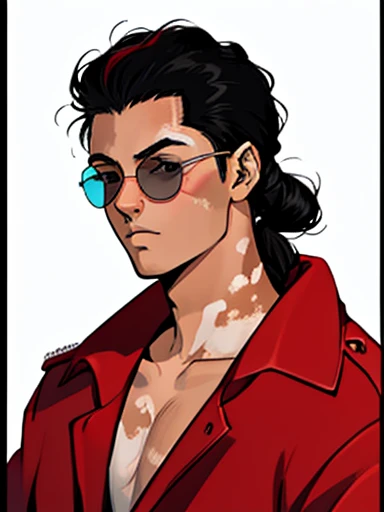 Human Male, hair Style  ,Red Coat  , (( best quality)) ,sun Glasses ,((Skin Black white Vitiligo )), manga Style ,