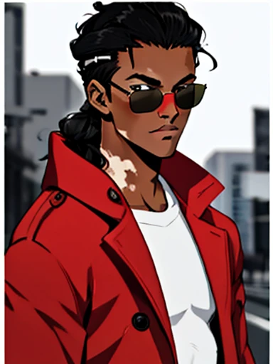 Human Male, hair Style  ,Red Coat  , (( best quality)) ,sun Glasses ,((Skin Black white Vitiligo )), manga Style ,