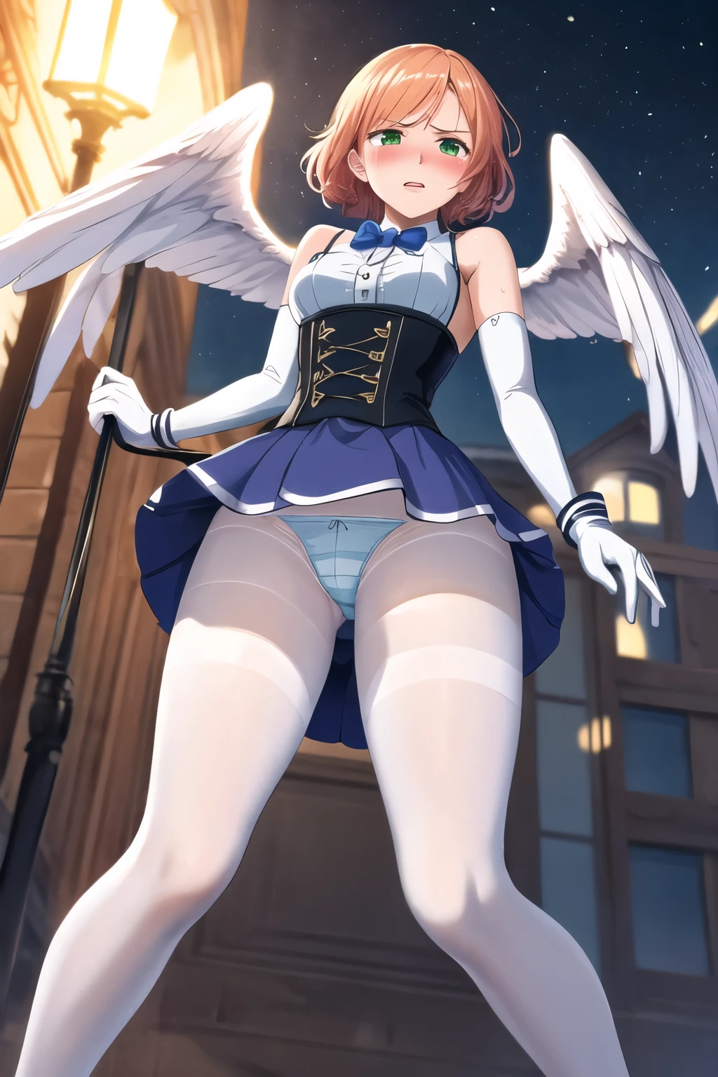 1girl, magical girl, panties,skirtlift,((upskirt)),((pantyshot)),(white panty),((Small panties)),(((black pantyhose))),white race panty, large breasts, thick thighs, blue hair, medium hair, air intakes, green eyes, white shirt, bare shoulders, blue bowtie, black corset, white gloves, elbow gloves, blue skirt, pleated skirt, white thighhighs, energy wings, white wings, humid, sweat, parted lips, blush, from below, looking ahead, motion blur, (fighting, jumping), full body, building, (gleaming skin), extremely detailed night city background,Are crying,Anguished expression、Embarrassed look,8k,Realistic、Anime illustration,CG