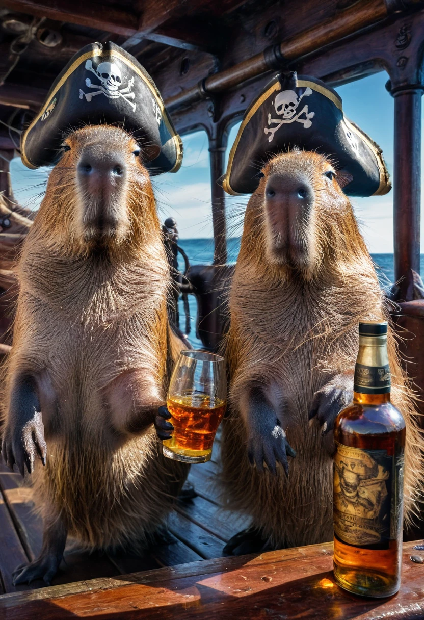 A Capybara, capybara, Capybara pirates with an eye patch and pirate hats and holding bottles of rum, on a ghost ship, intricate details, HDR, beautifully shot, hyperrealistic, sharp focus, megapixels, perfect composition, high contrast, cinematic, atmospheric, moody