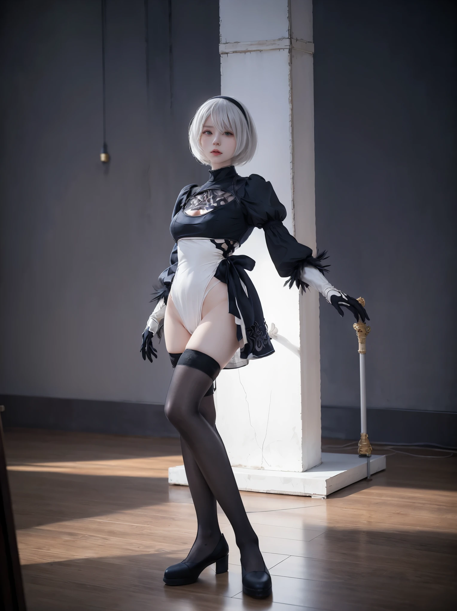 nier:Beautiful cosplay of 2B from Automata、A woman cosplaying as 2B、White skin、tall、21 years old、Englishman、nier:2B&#39;s black costume from Automata、Light background、Fantasyな白い教会を背景に、Standing cool in the middle of a white church、Shooting from a diagonal angle、masterpiece、highest quality、high resolution、Fantasy、Glare、Anime Cosplay Makeup、Real Cosplay Photo、Cool photos、Full body portrait、handsome pose、Wrapped in a pale white glow、like、happiness、Kindness、Smoothly rendered