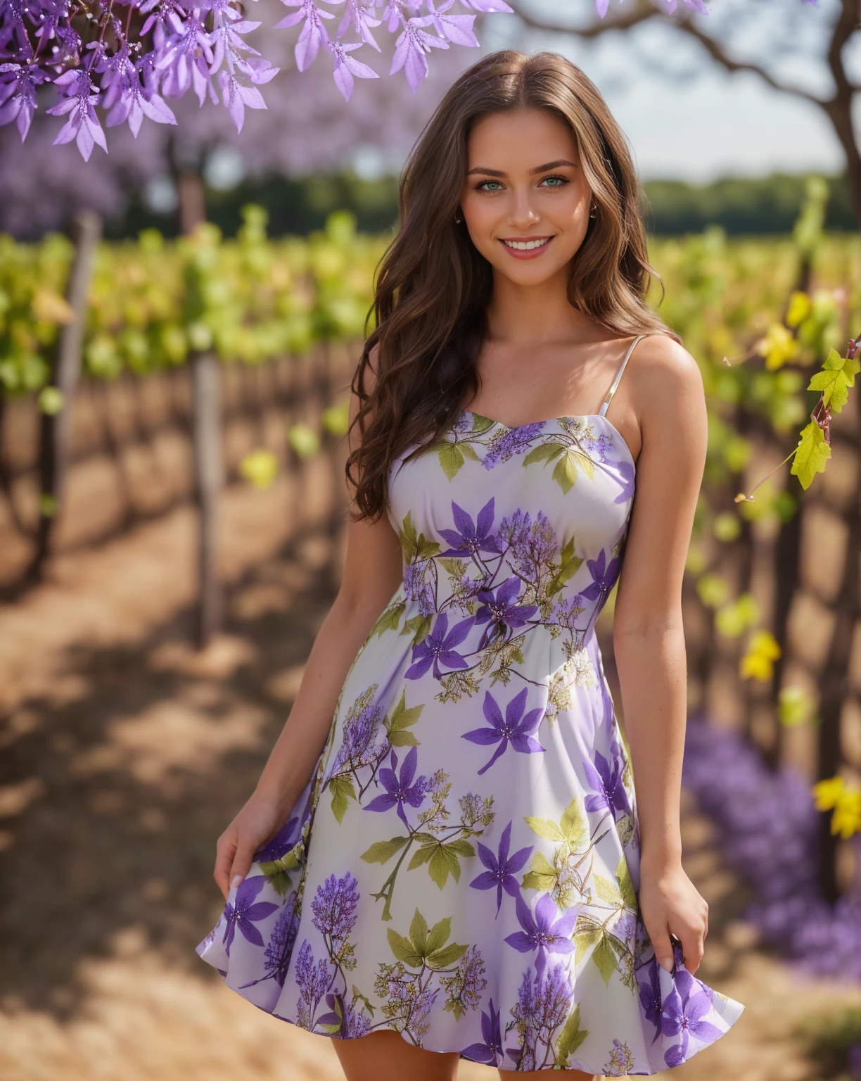 (masterpiece), (best quality), (RAW), (16k), (photo), (photorealistic), (ultra realistic), (high detail), (focus, HDR camera, (hight resolution), ISO 100, f/2.8, 85mm, 1/125s, looking at viewer, instagram photo, dynamic pose ((only one young woman), (19 years old)), (high skin detail), (brunette, wavy hair, brown hair, (long hair), ((green eyes)), (high skin detail), ((brunette, wavy hair, brown hair)), (((smile))), (standing), (full body) , hard shadows. Hyper realistic and detailed full body photo of smiling beautiful woman looks directly at the camera.. Perfect butt. Sharp light. perfect eyes, (Eye makeup:1.1), (highly detailed skin:1.1), analog style, sharp focus. Mariana, joyful in a vineyard during the early days of spring, ((wearing a jacaranda-colored floral ((purple color dress)))). She is happy, with a radiant sun behind her and a clear blue sky above. The scene captures Mariana's happiness, the warmth of the sun, and the beauty of ((the springtime vineyard:1.2)).