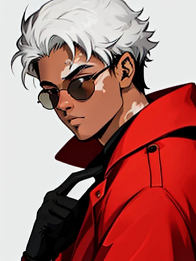 Human Male, hair Style  ,Red Coat  , (( best quality)) ,sun Glasses ,((Skin Black white Vitiligo )), manga Style , Black gloves , 