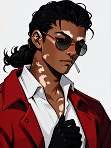 Human Male, hair Style  ,Red Coat  , (( best quality)) ,sun Glasses ,((Skin Black white Vitiligo )), manga Style , Black gloves , 