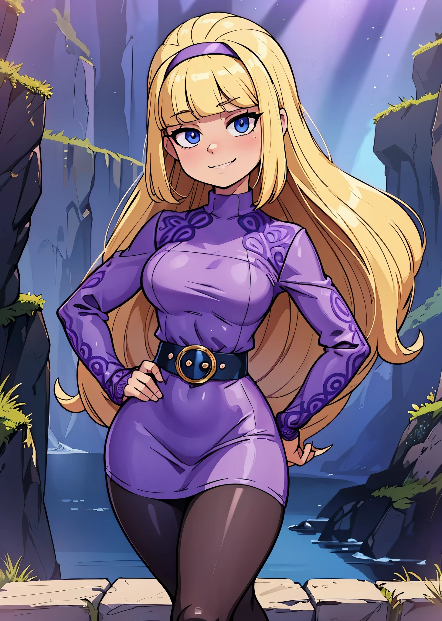 [Pacifica], [Gravity Falls], ((masterpiece)), ((HD)), ((high res)), ((solo portrait)), ((waist-up)), ((front view)), ((detailed shading)), ((soft textures)), ((intricate details)), ((anime girl)), ((cinematic)), {attractive; (long blonde hair), (bell-shaped bangs), (cute dark-blue eyes), (curvy hips), (beautiful legs), (cute grin)}, {(lavender-purple pencil dress), (purple jacket), (black leggings), (purple waist belt), (brown boots with fur), (lavender-purple hairband)}, {(standing), (hands on hips), (looking at viewer)}, [background; (grass plains), (sun rays), (blue sky), (clouds in sky), (ambient lighting)]