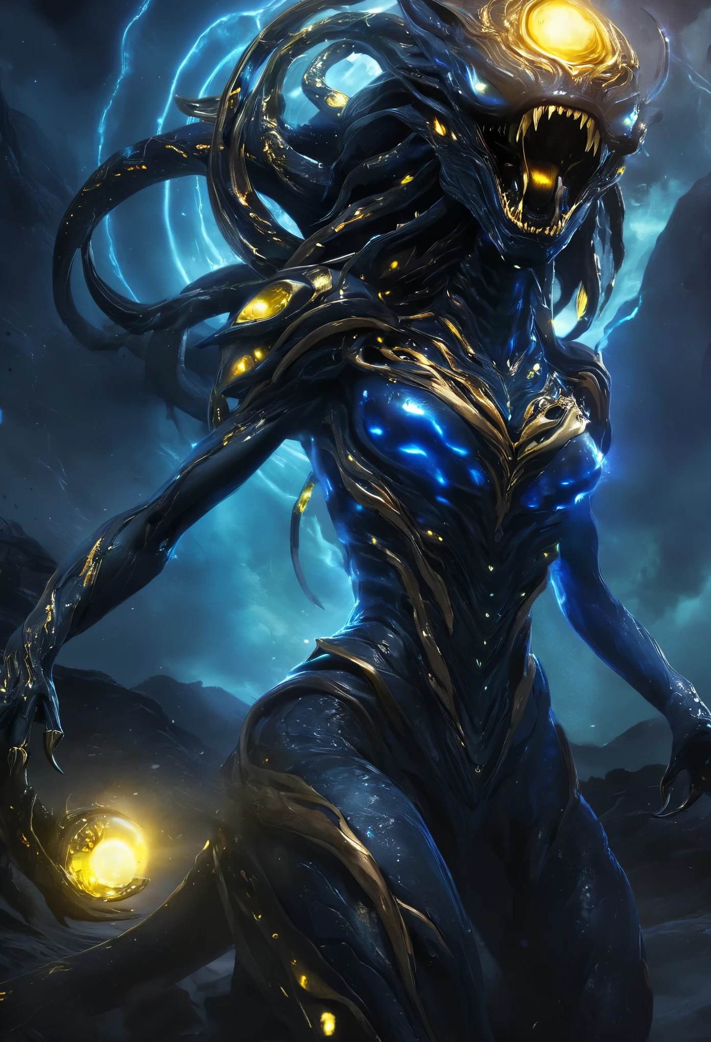 (best quality,highres,ultra-detailed:1.2),terrifying female alien,otherworldly portrait,nightmarish beauty,horrifying gaze,extraterrestrial creature,sharp teeth,glowing eyes,sinister smile,serpentine body,deadly claws,dark atmosphere,alien landscape,ominous lighting,vivid colors,horror,sci-fi,cosmic horror, (NSFW:1.5), four eyes, black aura, gem stones