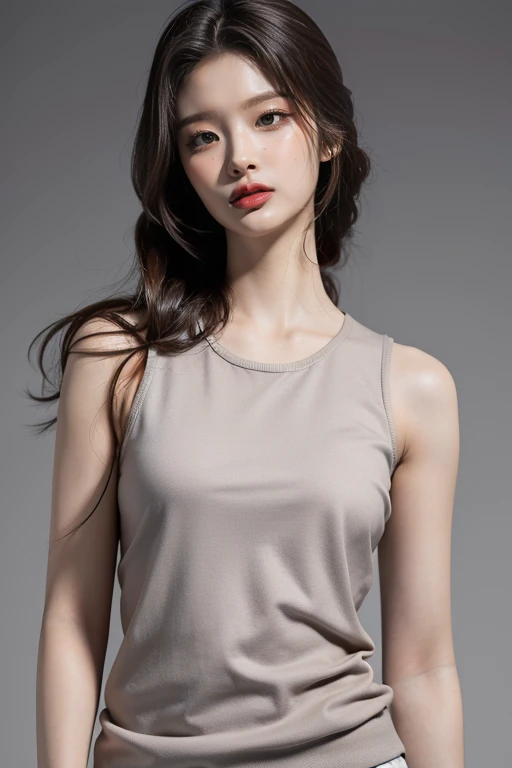 highest quality, masterpiece, Ultra-high resolution, (Realistic:1.4), RAW Photos, 1 girl, simple gray background, Half Body, Looking at the audience, Sleeveless