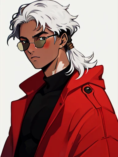 Human Male, hair Style  ,Red Coat  , (( best quality)) ,sun Glasses ,((Skin Black white Vitiligo )), manga Style , Black Clothing , yellow pupils 